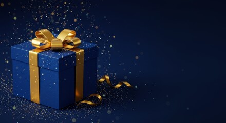 Elegant Blue Gift Box with Golden Ribbon on a Dark Background Photo
