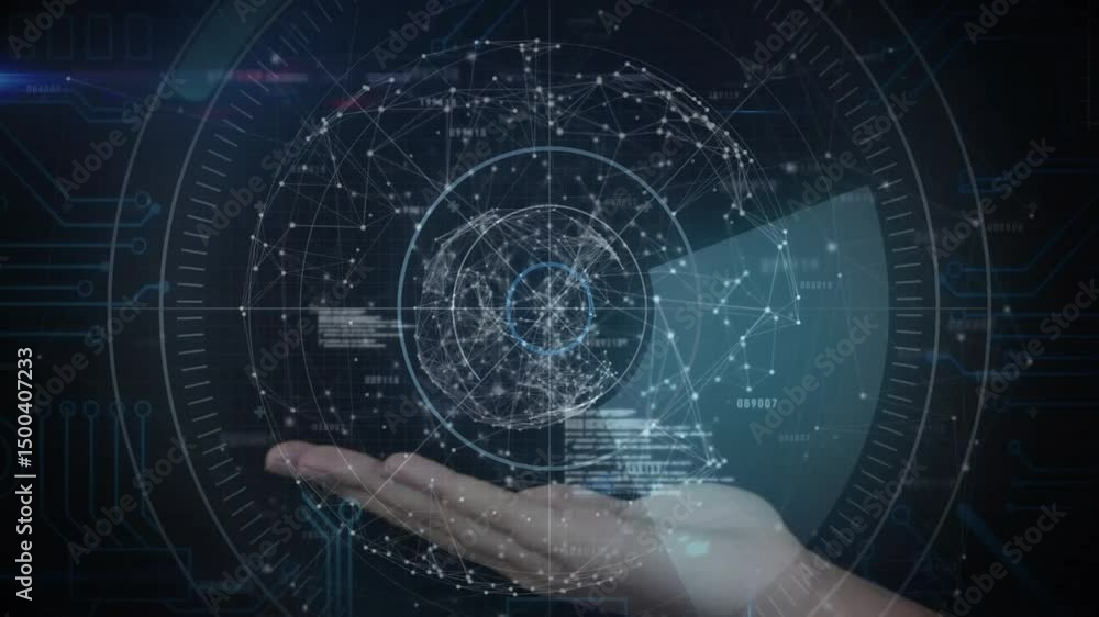 Poster opening radar ui showing sliding hand presenting holographic network sphere rotating above palm