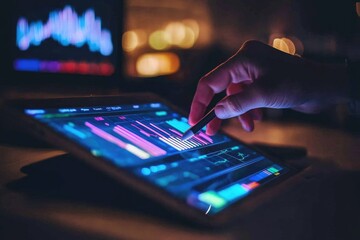 Close-up of hand interacting with glowing tablet displaying financial graphs at night