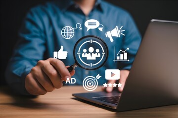 Audience Analysis and Online Marketing Concept – Magnifying Glass on Digital Interface Showing Ads, Targeting Tools, and Strategic Planning