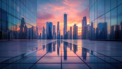 Obraz premium Cityscape at dawn, modern buildings reflected on a plaza