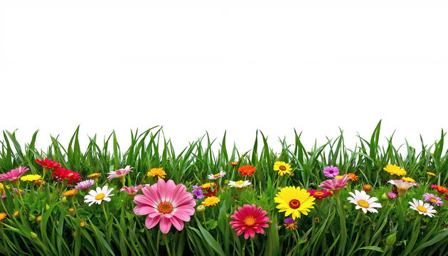 Border with a bed of colorful flowers. Banner with green grass, asters, daisies and a mix of meadow and garden flowers. White space for your text.