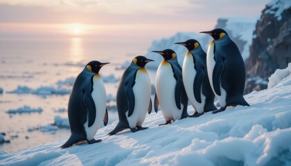 Obraz premium emperor penguins standing on a snowy cliff
