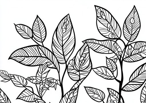 Foglie stilizzate in bianco e nero, disegno a linea continua