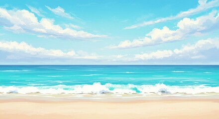Fototapeta premium Illustration Of A Beach With Ocean Sky and Waves in Summer Sunlight