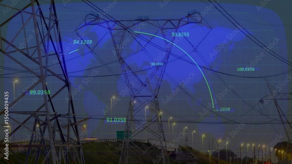 Poster dusk skyline opening starting map overlay floating neon arcs tracing data dots showing global links