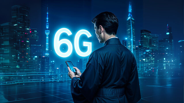 Asian business man in traditionnal clothes in front of 6G   telecommunication network label