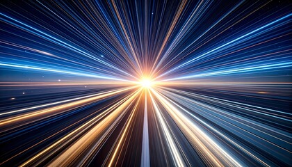 Fototapeta premium Abstract illustration of light speed or energy moving through space. The streaks of light converge towards a central point of brilliance, creating a sense of vastness and velocity.