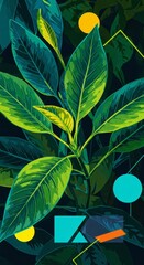 Naklejka premium Illustration Of Lush Green Leaves With Geometric Abstract Shapes On Dark Backdrop