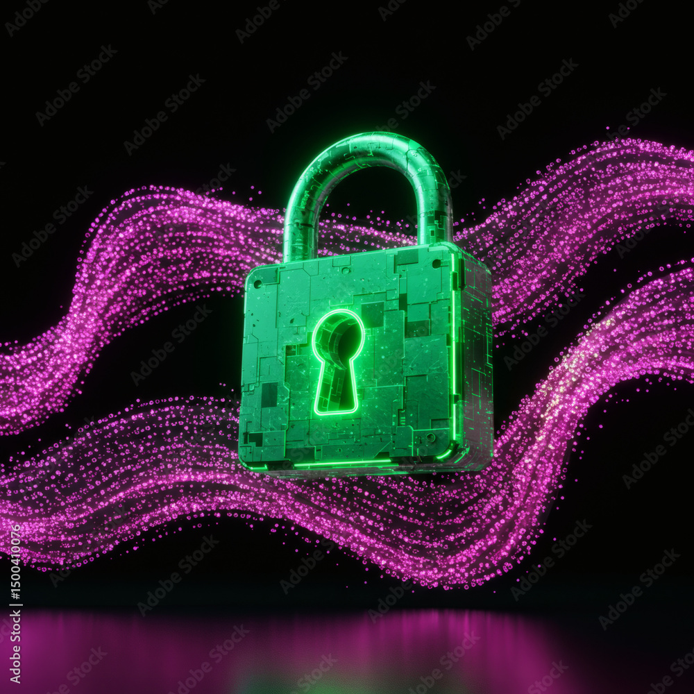 Poster glowing green neon padlock symbol with a keyhole, against a background of flowing pink particle wave