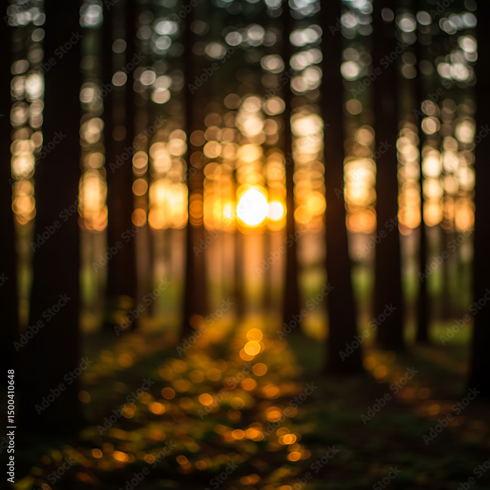 Poster abstract blurred bokeh effect of a sunset filtering through a dense forest, creating warm golden and