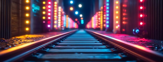 Neon Tunnel Train Tracks Night