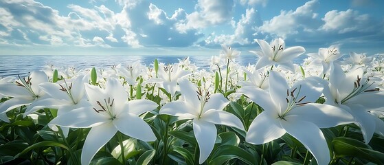 Ocean view, white lilies field, sunny day. Peaceful scene