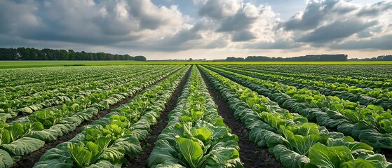 Cabbage field under cloudy sky. Farmland agriculture