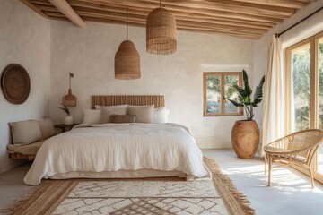 Fototapeta premium Light-filled bedroom with natural textures (1)