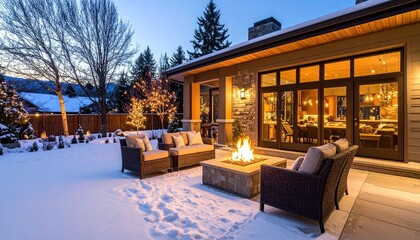 Cozy Winter Patio Fire Pit Scene.