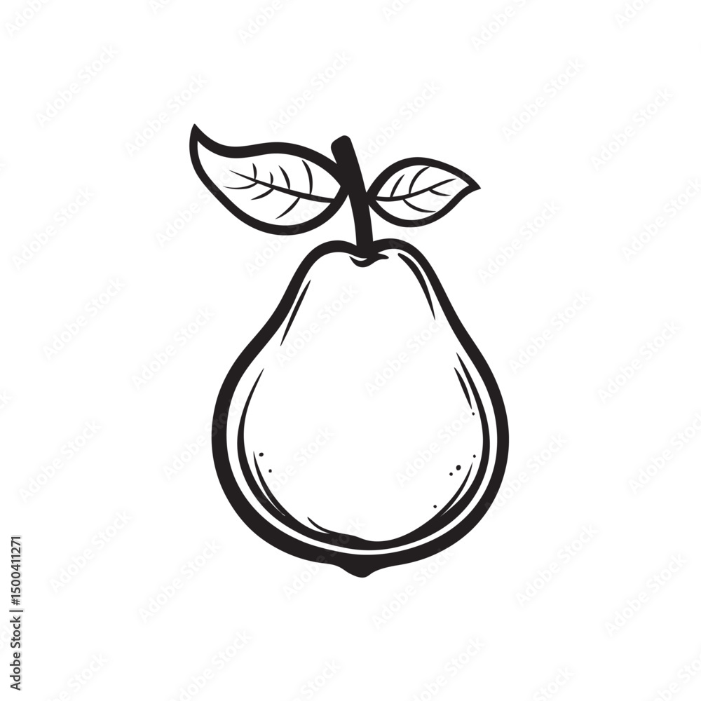 Poster pear outline shows simple line art drawing with two leaves, set against transparent background