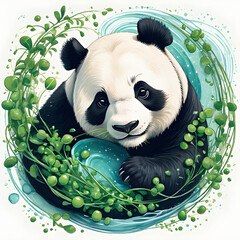 panda for peas, in water amongst lush pea shoots