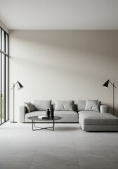 Fototapeta premium Modern Living Room Interior With Grey Sofa Neutral Colors And Natural Light Photo