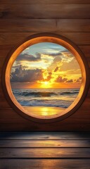 Fototapeta premium Wooden circle window on a beach sunset