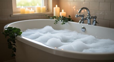 A bathroom scene with a bathtub full of bubbles, candles lit, and natural elements like eucalyptus and bath salts
