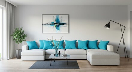 Modern Living Room Photo With Blue Cushions Artwork And White Furniture
