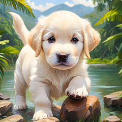 golden retriever puppy, tropical island adventure