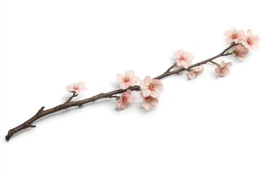 Pale pink blossoms on a long, thin branch against white