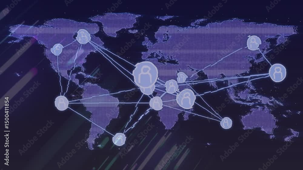 Poster opening purple world map, user icons pulsing branching lines building global network on dotted map