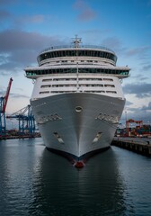 Photo of Cruise Ship Docked at Harbor Reflecting in Water at Twilight