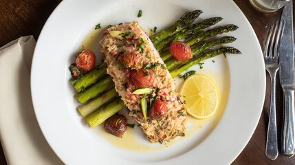 Baked salmon with asparagus and tomatoes, elegantly plated for a refined dining experience