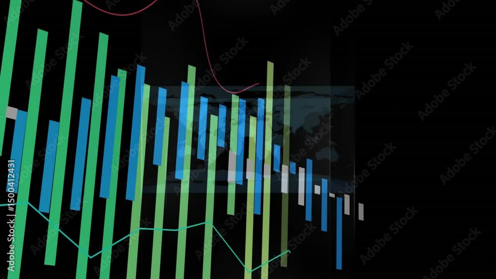Poster map appearing initiating flat design chart with bars rising and lines weaving showing global shifts