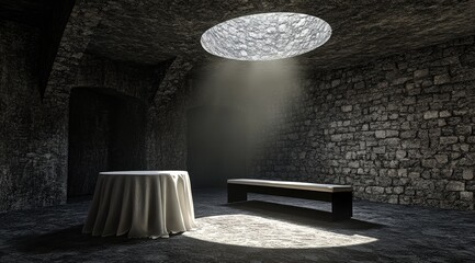 A dimly lit stone chamber features a round table draped in white cloth, a simple bench, and a single overhead light source creating dramatic shafts of light