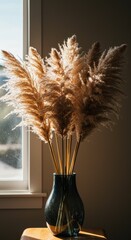 Photo of Dried Floral Arrangement in Glass Vase Near Window with Sunlight