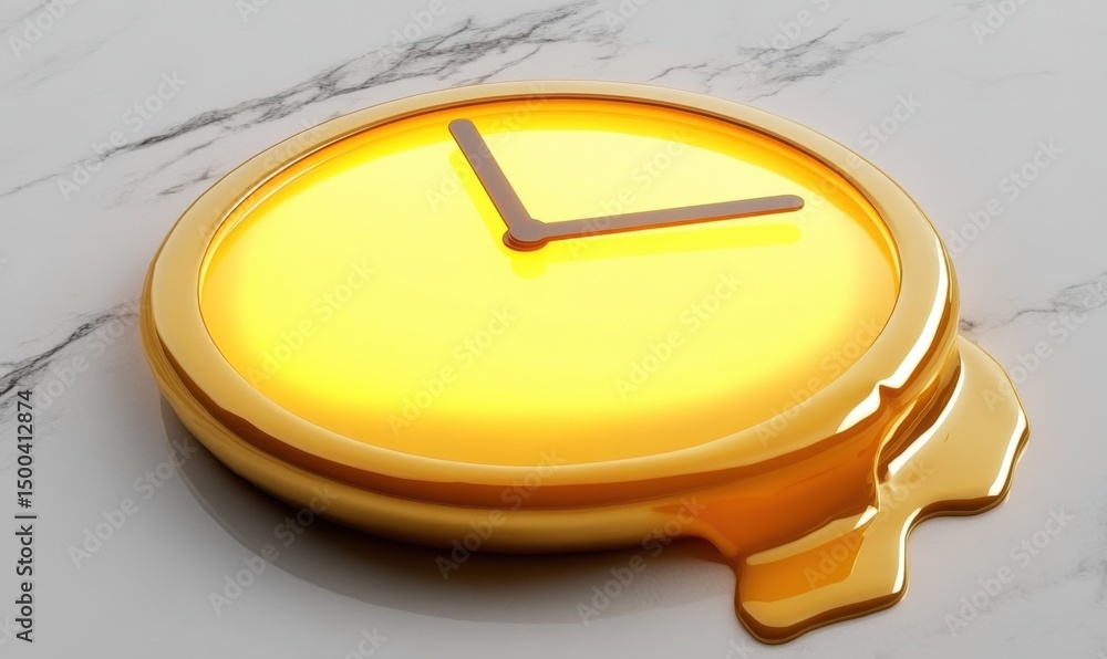 Poster melting gold clock on marble; time concept; abstract background; website design