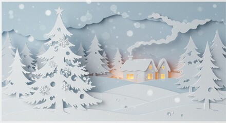 Paper Cut Winter Scene Of Snow Covered Trees And Village Illustration