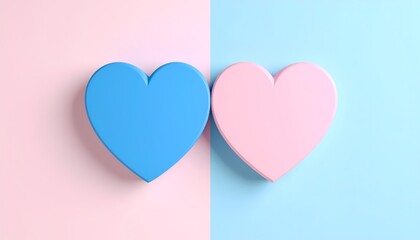 Two heart shapes in blue and pink color on a colorful background. The hearts symbolize love and unity