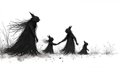 Winter fairy tale characters walking together in a whimsical landscape  