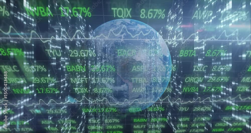 Poster upon start 3d globe animating tickers updating values, waveform shifting showing market shifts