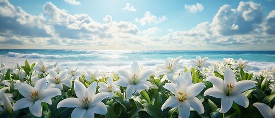 Coastal lilies, ocean waves. Peaceful scene