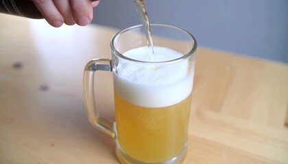 Pouring beer into glass mug.