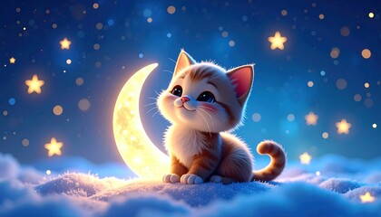 Cute Kitten Moonlit Night Snow.