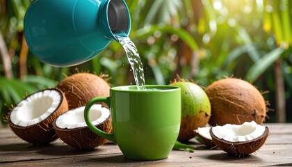Pouring coconut water with tropical setting.