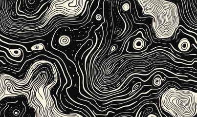 Abstract black and white swirling lines, textured,  topographic map-like pattern