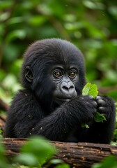 Obraz premium Photo of a Baby Gorilla Eating a Leaf in a Lush Green Forest Habitat