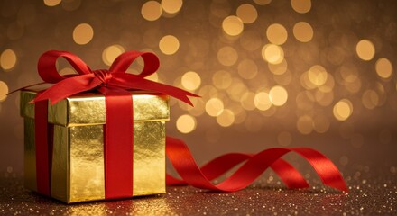Photo of Golden Gift Box with Red Ribbon and Bow on Bokeh Background