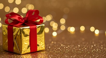 Photo Of Golden Gift Box With Red Ribbon On Shiny Bokeh Background