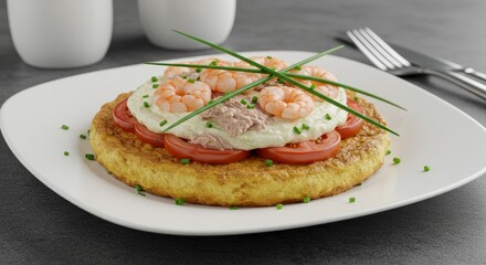 Photo Of Gourmet Dish With Shrimp Tuna Tomatoes And Creamy Texture