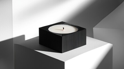 A square, black, ribbed candle container holds a single, off-white candle with a central wick, sitting on a white minimalist platform in a sunlit studio