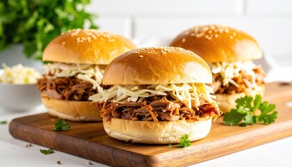 Pulled pork burger with wooden board.
